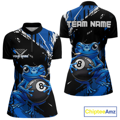 Custom Funny Frog 8 Ball Billiard Team Jersey Polo & Quarter-Zip Billiard Shirt For Women | Blue NYN3955