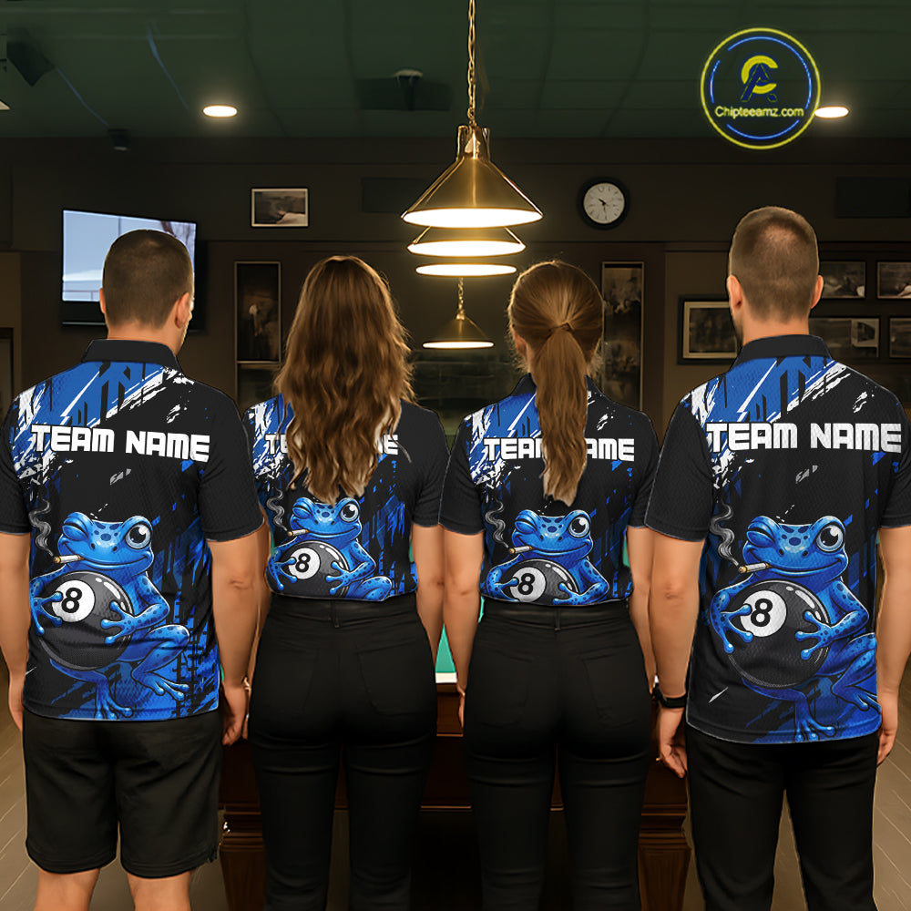 Custom Funny Frog 8 Ball Billiard Team Jersey Polo & Quarter-Zip Billiard Shirt For Men | Blue NYN3955