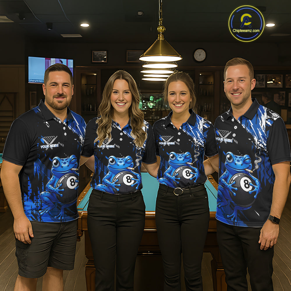 Custom Funny Frog 8 Ball Billiard Team Jersey Polo & Quarter-Zip Billiard Shirt For Men | Blue NYN3955