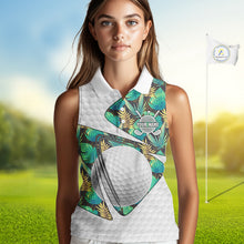 Load image into Gallery viewer, Custom Name Green Tropical Pattern Golf Women Sleeveless Polo Shirt, Best White Ball Golf Clothing For Women NYN2992