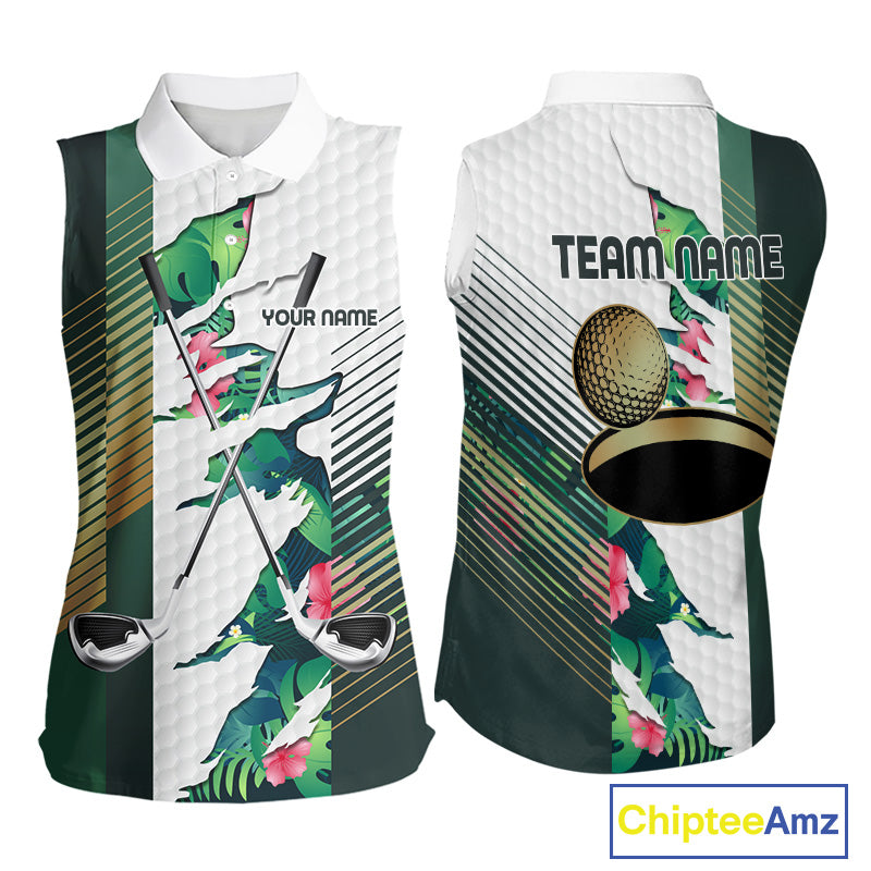 Womens Tropical Golf Shirts Monstera Pattern Golf Clothing Custom Green Golf Sleeveless Polo, Golf Upf Shirts NYN2996