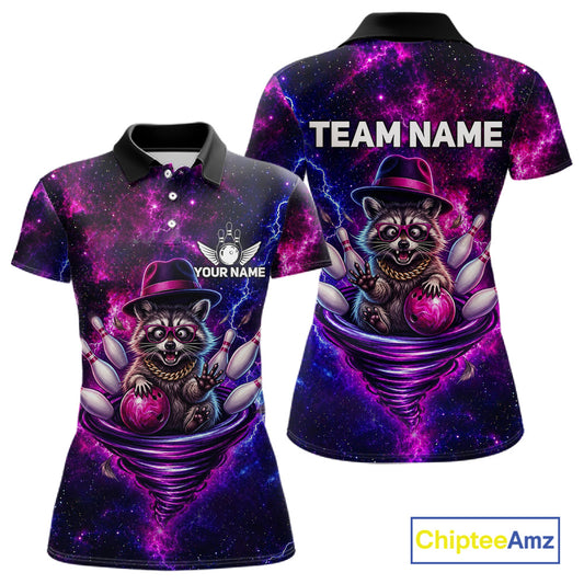 Funny Raccoon Galaxy Tornado Bowling Polo Quarter Zip Shirt For Women Custom Team Jersey