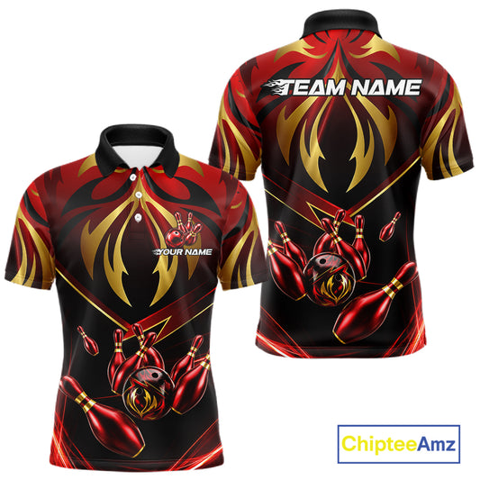 Men's bowling polo featuring red and gold lightning strike graphics with bowling ball, personalized tournament bowling shirt for racing fans, motorsport enthusiasts, esports players and league champions, symbolizing speed, power, momentum and victory
