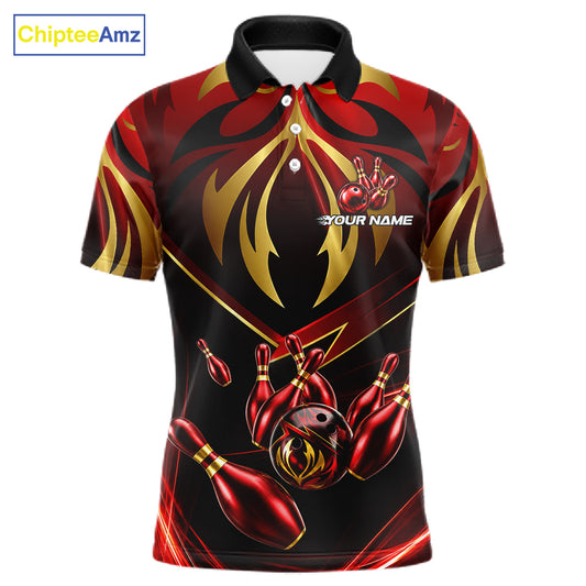 Men's bowling polo featuring red and gold lightning strike graphics with bowling ball, personalized tournament bowling shirt for racing fans, motorsport enthusiasts, esports players and league champions, symbolizing speed, power, momentum and victory
