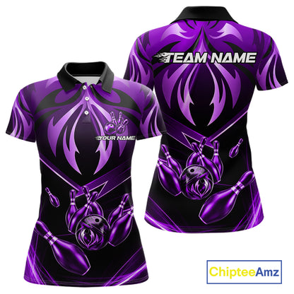 Women's bowling polo featuring purple lightning strike graphics, personalized bowling apparel for fantasy lovers, galaxy fans, artists and competitive bowlers, symbolizing creativity, wisdom, ambition and transformation.
