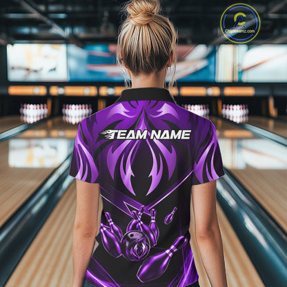 Female bowler wearing purple lightning bowling jersey during bowling championship, custom sportswear symbolizing creativity, confidence and championship spirit.