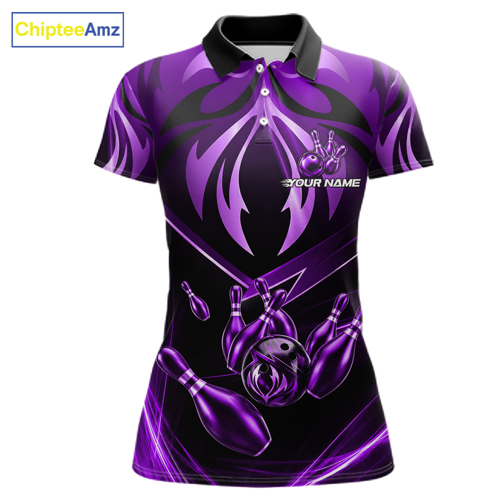 Women's bowling polo featuring purple lightning strike graphics, personalized bowling apparel for fantasy lovers, galaxy fans, artists and competitive bowlers, symbolizing creativity, wisdom, ambition and transformation.