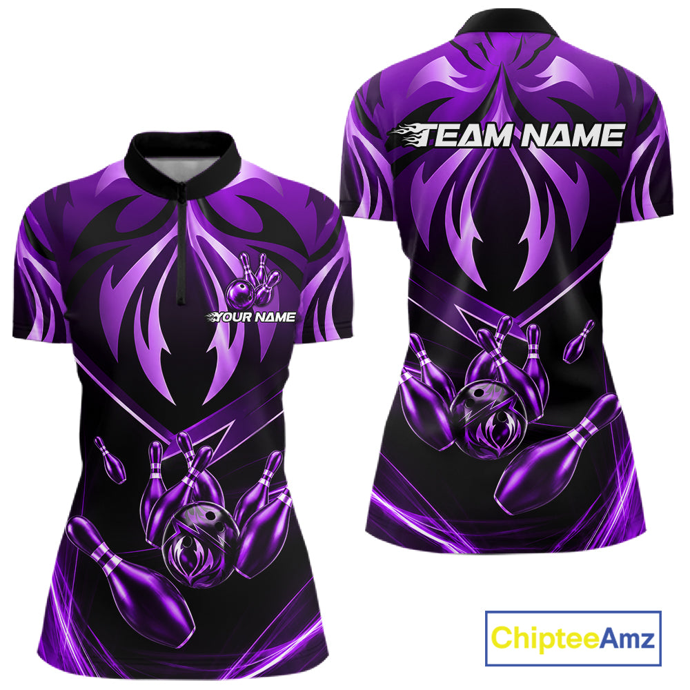 Women's quarter-zip bowling jersey with vibrant purple lightning artwork, moisture-wicking performance apparel representing creativity, resilience and success.