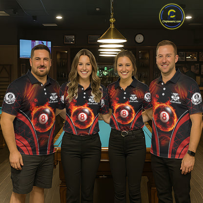 Red Flames Pool 8 Ball Men Billiard Polo & 1/4-Zip Shirts Custom Billiard Team Shirt Designs NYN2404