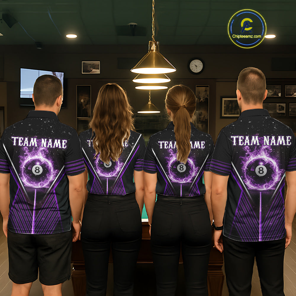 Purple Flames Smoke 8 Ball Pool Men Billiard Polo & 1/4-Zip Attire Custom Billiard Shirt Designs NYN2409