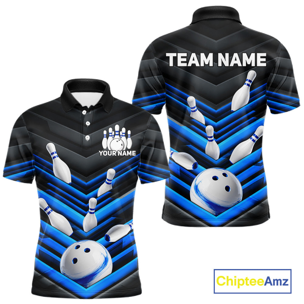 Black and Blue men's bowling polo jersey with bold bowling ball design, custom bowling league shirt, professional tournament apparel, personalized team uniform, bowling club polo, performance sportswear, championship bowling jersey