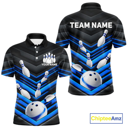 Black and Blue men's bowling polo jersey with bold bowling ball design, custom bowling league shirt, professional tournament apparel, personalized team uniform, bowling club polo, performance sportswear, championship bowling jersey