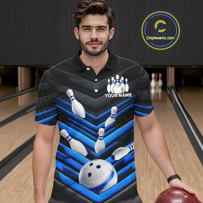 Male model wearing Black and Blue custom bowling polo, professional bowling tournament jersey, USBC league apparel, bowling club uniform, personalized team shirt, athletic performance clothing, champion-inspired sportswear