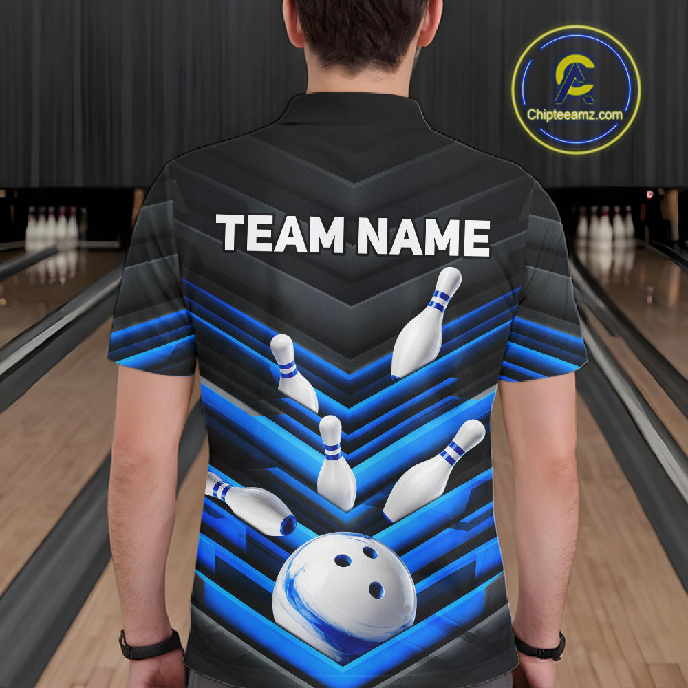 Male model wearing Black and Blue custom bowling polo, professional bowling tournament jersey, USBC league apparel, bowling club uniform, personalized team shirt, athletic performance clothing, champion-inspired sportswear