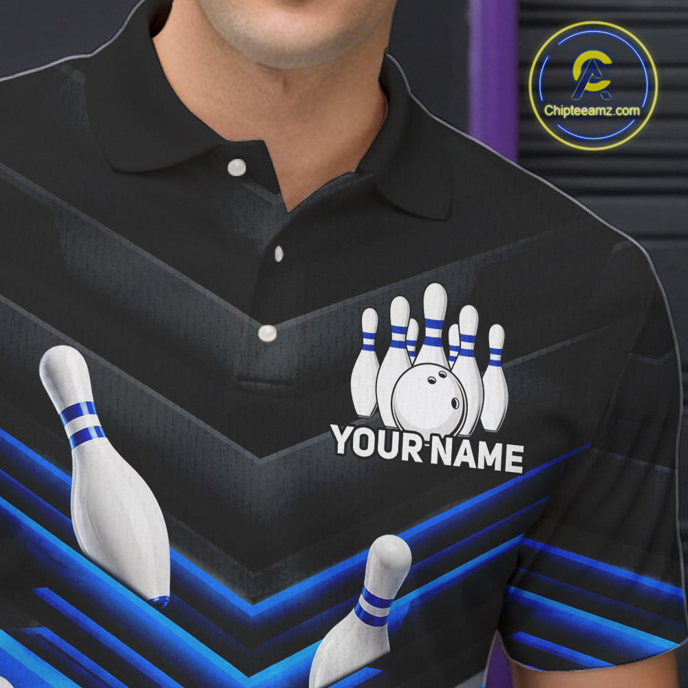 Male model wearing Black and Blue custom bowling polo, professional bowling tournament jersey, USBC league apparel, bowling club uniform, personalized team shirt, athletic performance clothing, champion-inspired sportswear