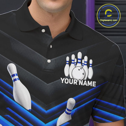Male model wearing Black and Blue custom bowling polo, professional bowling tournament jersey, USBC league apparel, bowling club uniform, personalized team shirt, athletic performance clothing, champion-inspired sportswear