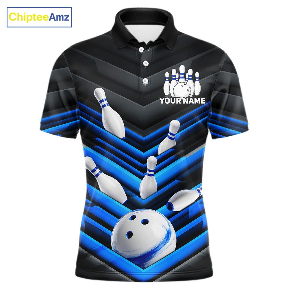 Black and Blue men's bowling polo jersey with bold bowling ball design, custom bowling league shirt, professional tournament apparel, personalized team uniform, bowling club polo, performance sportswear, championship bowling jersey