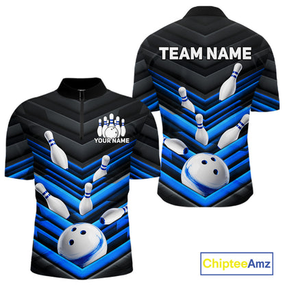 Black and Blue men's quarter-zip bowling shirt with premium bowling graphics, personalized bowling team jersey, custom tournament apparel, bowling league uniform, athletic performance wear, championship-ready bowling polo