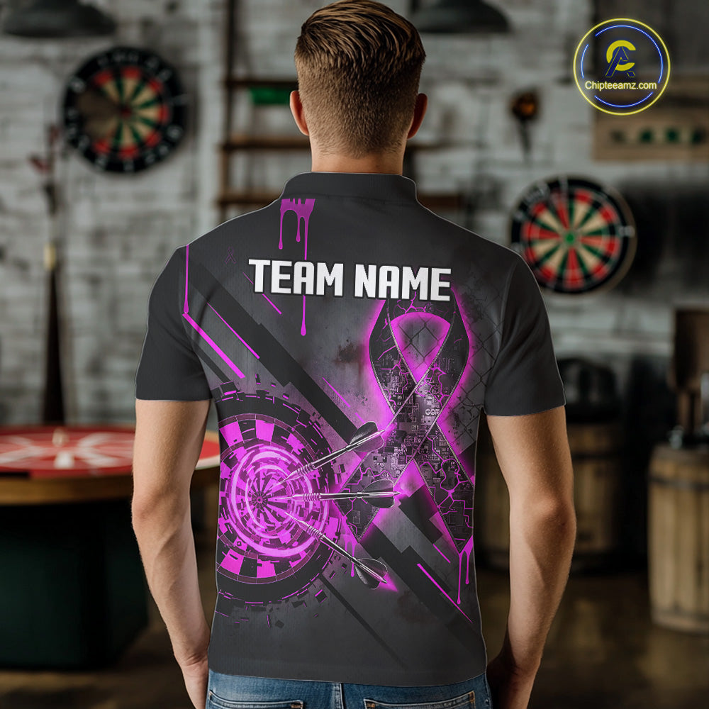 Male model wearing Pink Ribbon darts polo supporting Breast Cancer Awareness, custom charity tournament jersey, personalized darts league apparel, community fundraising uniform
