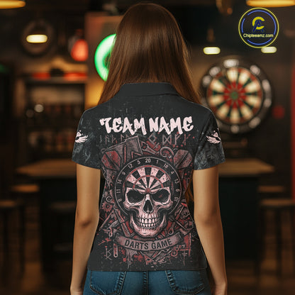 Red Graffiti Grunge Skull Darts Shirt For Women Custom Name & Team Skull Dart Outfit Jerseys NYN3985