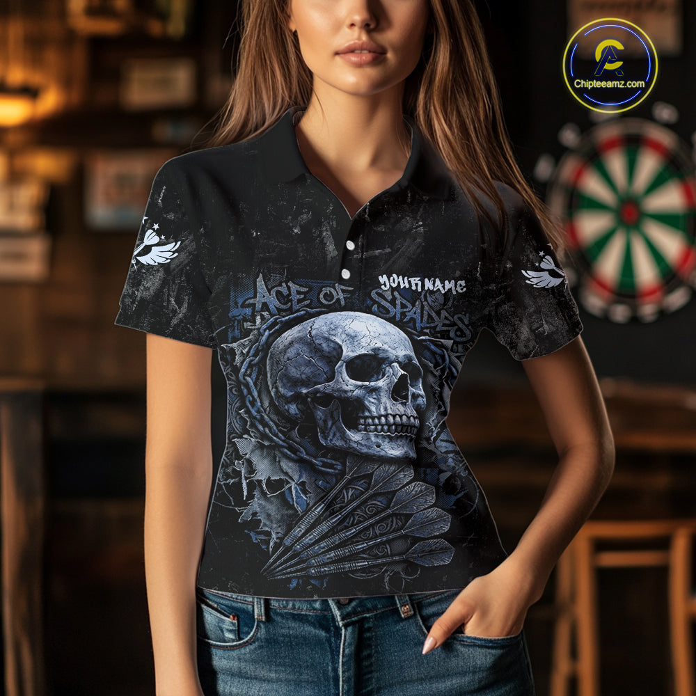 Blue Graffiti Grunge Skull Darts Shirt For Women Custom Name & Team Skull Dart Outfit Jerseys NYN3986