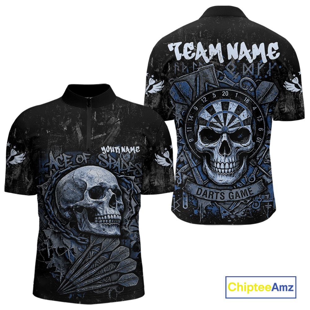 Blue Graffiti Grunge Skull Darts Shirt For Men Custom Name & Team Skull Dart Outfit Jerseys NYN3986