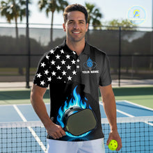 Load image into Gallery viewer, Custom Blue Flames Pickleball Ball 3D League Jerseys Men Pickleball US Flag Team Shirts NYN2146