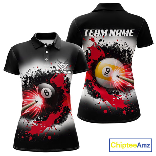 Lightning red billiard 8 ball and 9 ball shirt for women custom grunge pool team jersey