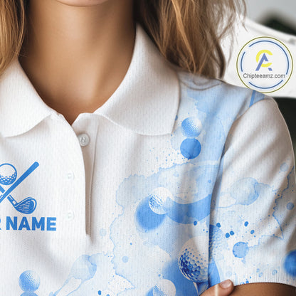 Blue Splatter Golf Ball & Clubs Team Apparel Womens Polo Shirts Custom Golf Shirt For Women NYN3997