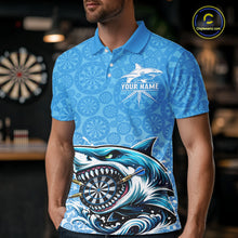 Load image into Gallery viewer, Blue Ferocious Shark Dartboard &amp; Arrow Men Darts Polo Shirt Custom Funny Dart League Shirt NYN2647