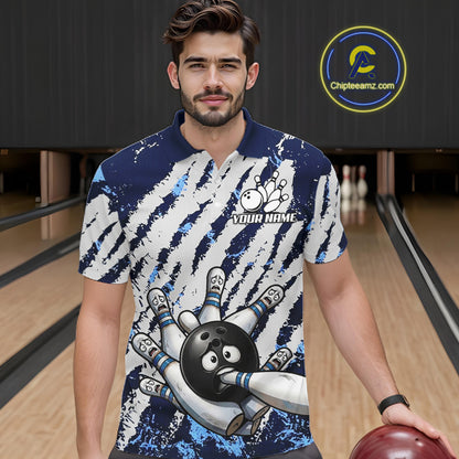 Blue And White Grunge Funny Bowling Ball & Pins Shirts Custom Team Bowling Jerseys For Men NYN3445