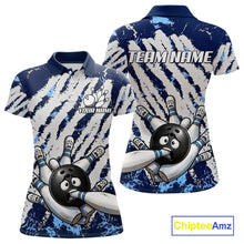 Load image into Gallery viewer, Blue and white grunge bowling ball and pins shirt for women custom bowling team jersey