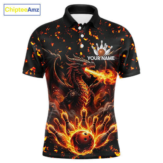 Fire flame dragon bowling polo quarter zip shirt for men red bowling team jersey
