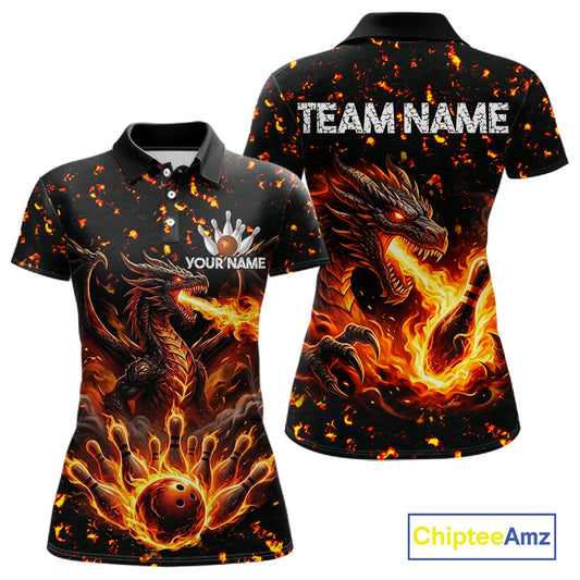 Fire flame dragon bowling polo quarter zip shirt for women red bowling team jersey