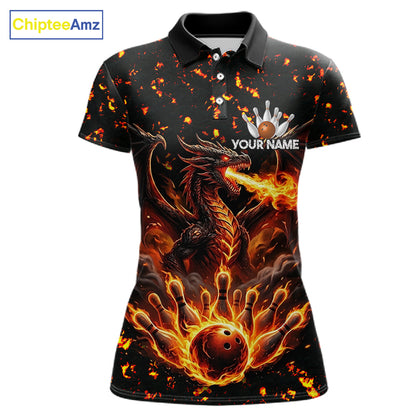Fire flame dragon bowling polo quarter zip shirt for women red bowling team jersey