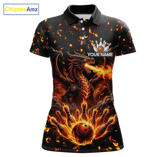 Fire flame dragon bowling polo quarter zip shirt for women red bowling team jersey