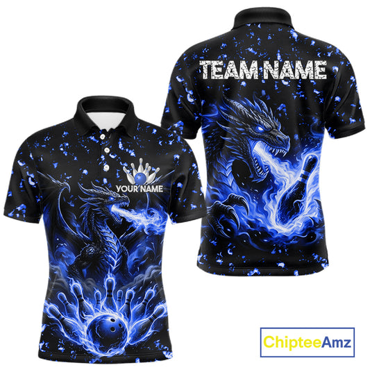 Fire flame dragon bowling polo quarter zip shirt for men blue bowling team jersey