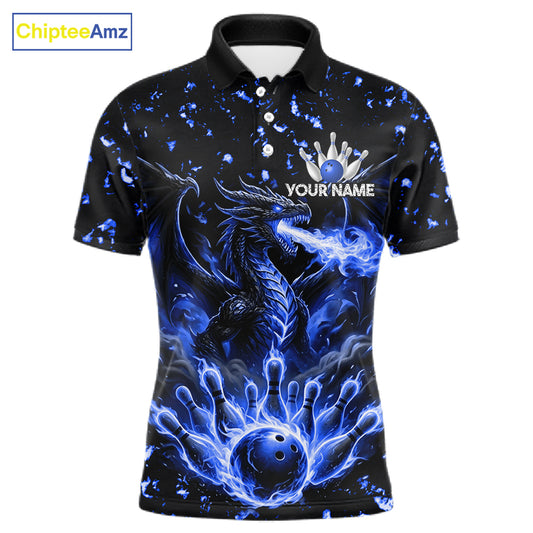 Fire flame dragon bowling polo quarter zip shirt for men blue bowling team jersey