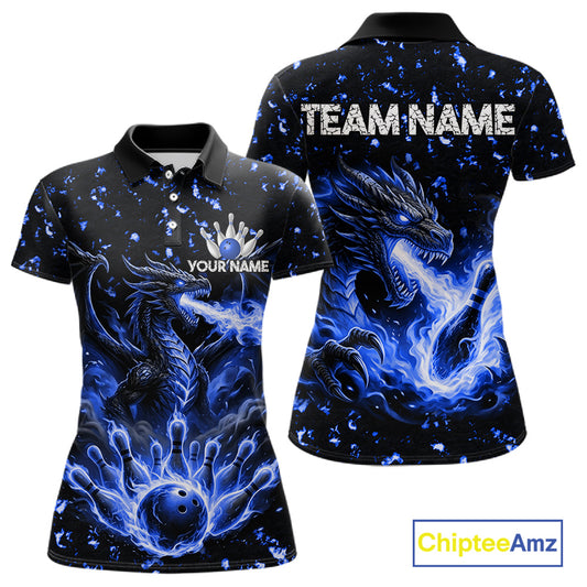 Fire flame dragon bowling polo quarter zip shirt for women blue bowling team jersey
