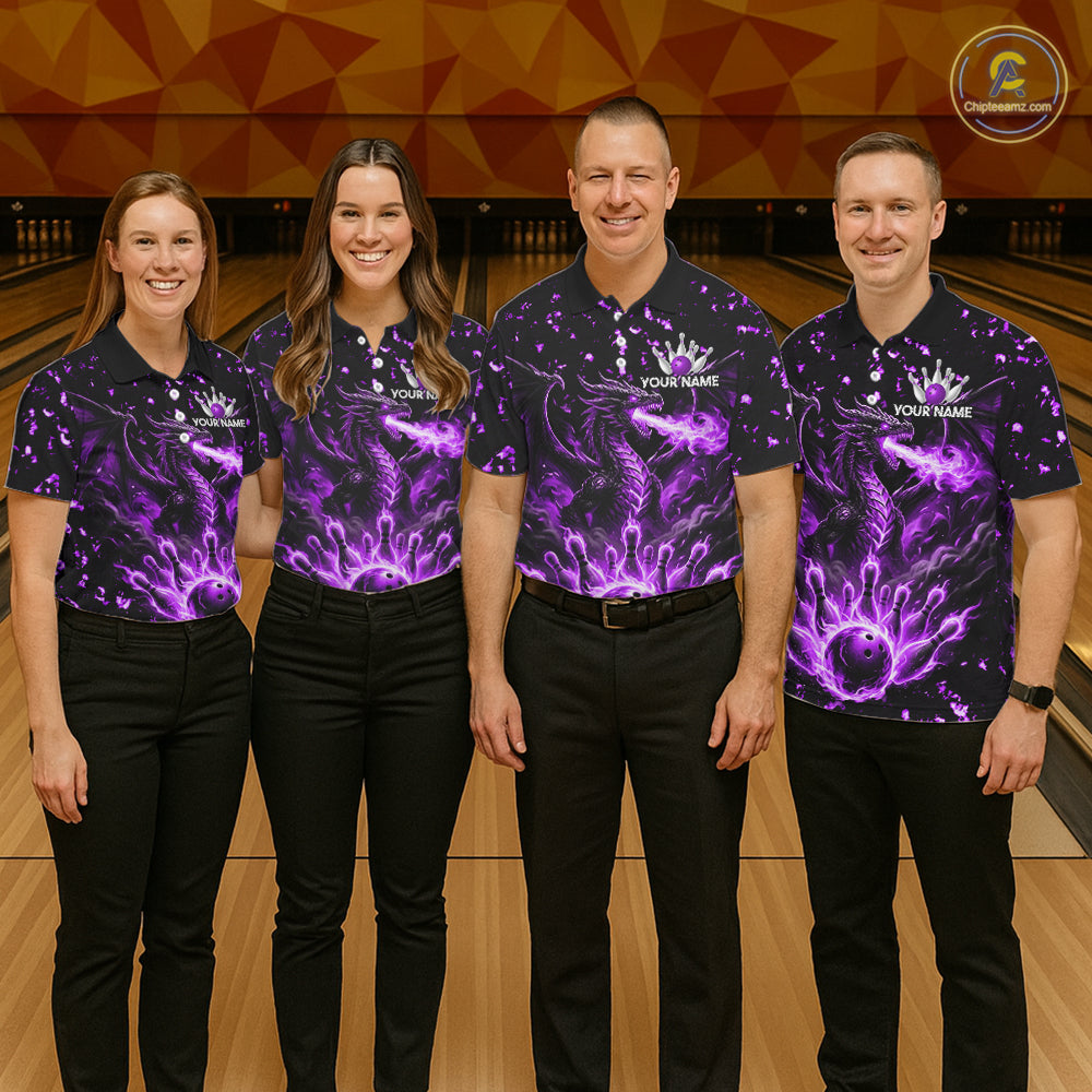 Fire Flame Dragon Bowling Polo Quarter Zip Shirts For Men Custom Team Bowling Jerseys | Purple NYN3452