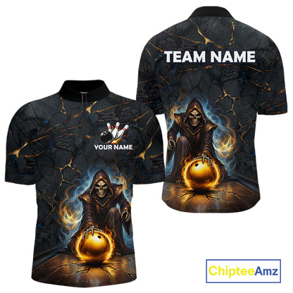 Flame Grim Reaper Custom Men Bowling Polo & Quarter-Zip Shirts Gold Bowling Ball League Jerseys NYN3011