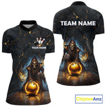 Load image into Gallery viewer, Flame Grim Reaper Custom Women Bowling Polo &amp; Quarter-Zip Shirts Gold Bowling Ball League Jerseys NYN3011