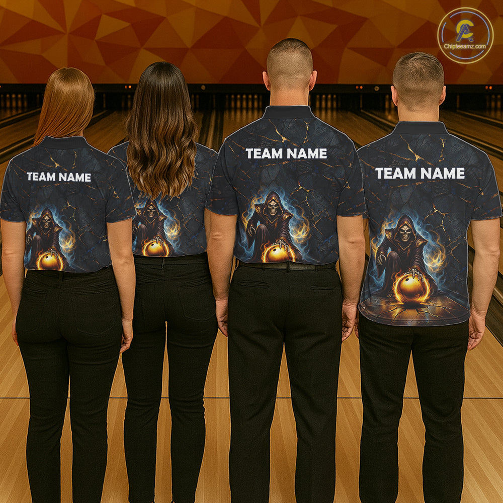 Flame Grim Reaper Custom Men Bowling Polo & Quarter-Zip Shirts Gold Bowling Ball League Jerseys NYN3011