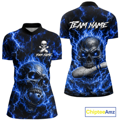 Women's blue skull quarter zip bowling shirt custom bowling jersey mockup