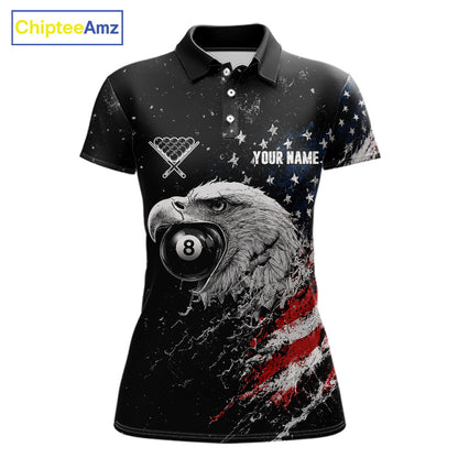Custom US Flag Eagle women's 8 Ball & 9 Ball billiard polo featuring patriotic American flag, soaring eagle and cue ball graphics, personalized pool team jersey, league apparel, cue sports performance shirt, veterans tournament uniform, moisture-wicking athletic polo
