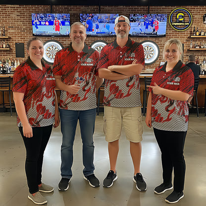 Custom Grunge Red And Grey Halftone Men Darts Polo Team Shirt Dart League Jerseys NYN2178
