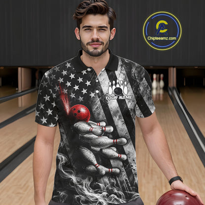 Smoke US Flag Patriotic Bowling Shirt For Men Custom Red Grunge Strike Bowling Team Jerseys NYN4062