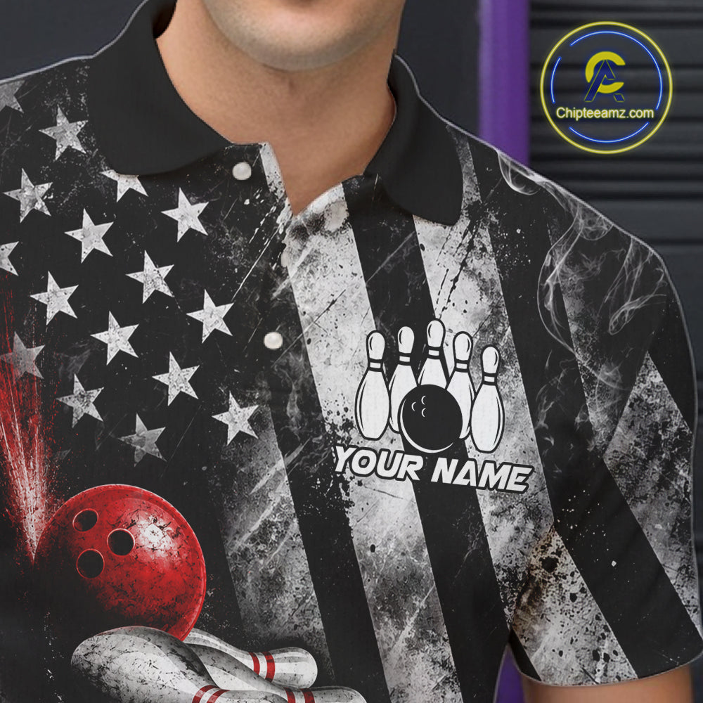 Smoke US Flag Patriotic Bowling Shirt For Men Custom Red Grunge Strike Bowling Team Jerseys NYN4062
