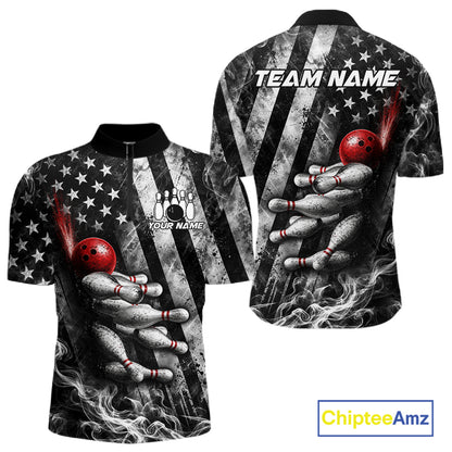 Smoke US Flag Patriotic Bowling Shirt For Men Custom Red Grunge Strike Bowling Team Jerseys NYN4062