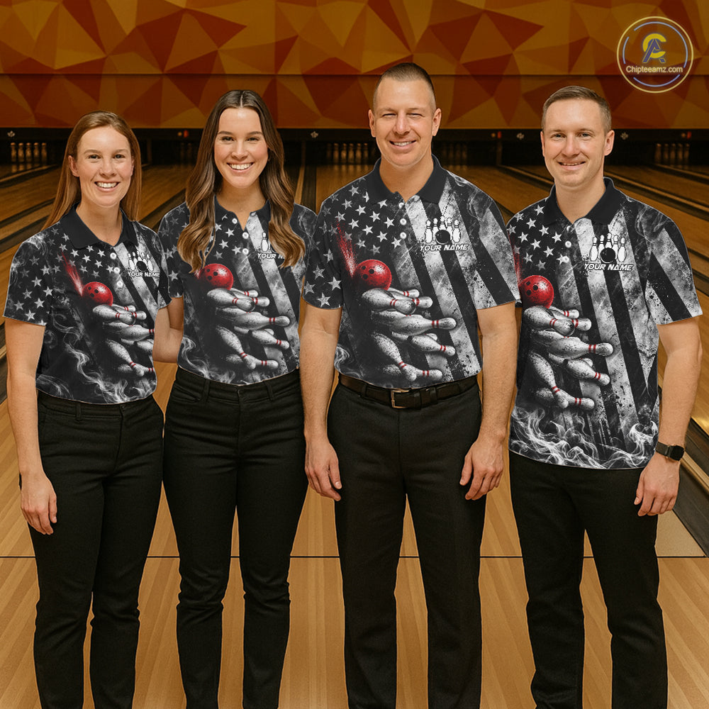 Smoke US Flag Patriotic Bowling Shirt For Men Custom Red Grunge Strike Bowling Team Jerseys NYN4062